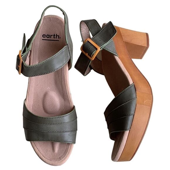 Earth Oak Chestnut Forest Green Leather Platform Sandals Size 9.5 - Picture 3 of 9